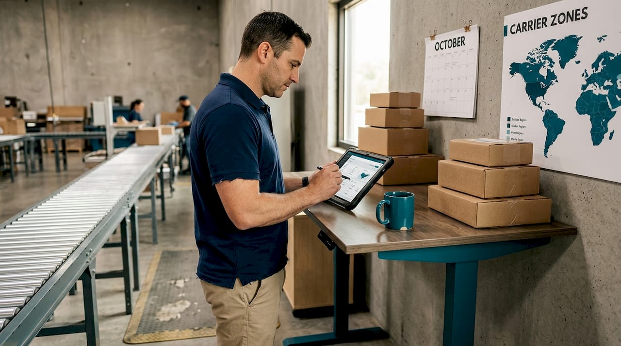 Warehouse supervisor checking shipment destinations on tablet