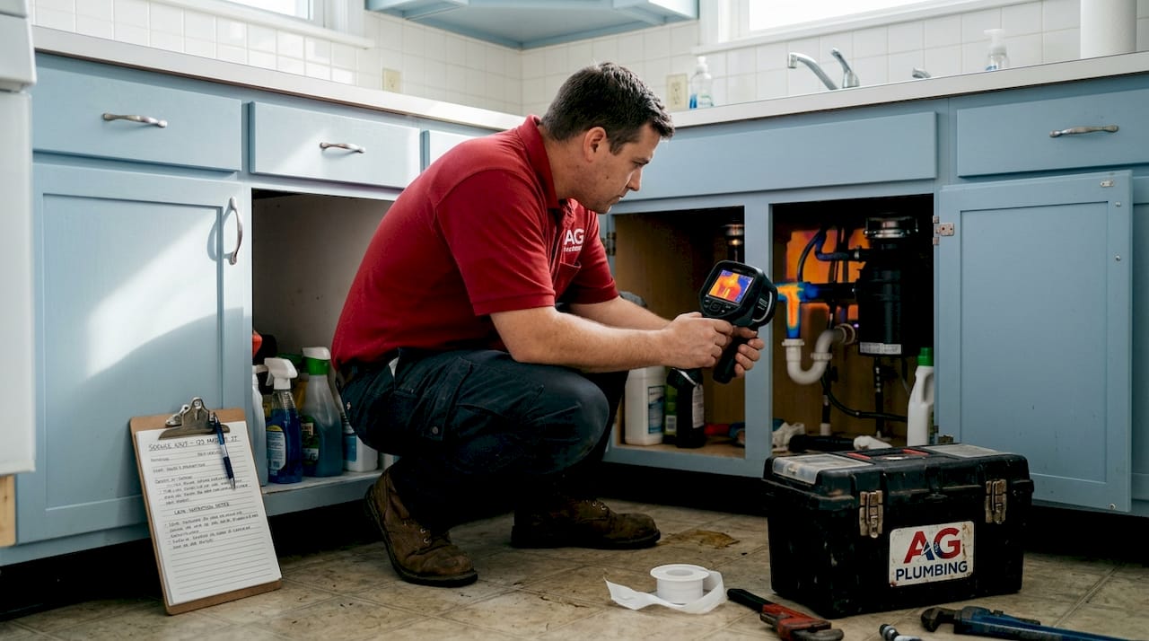 Plumber using thermal device under kitchen sink
