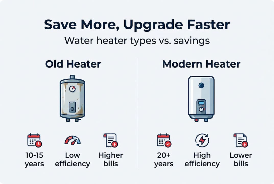 Infographic comparing old vs. modern water heaters