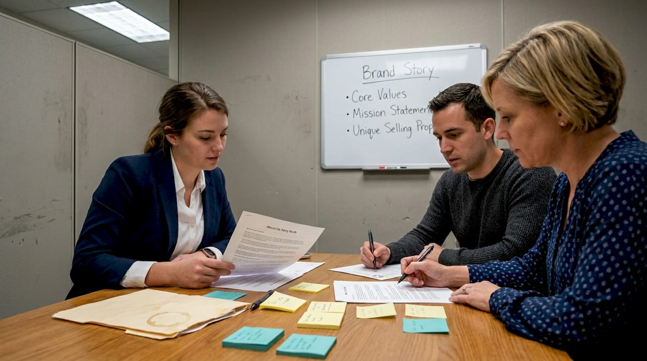 Coworkers editing company brand story draft