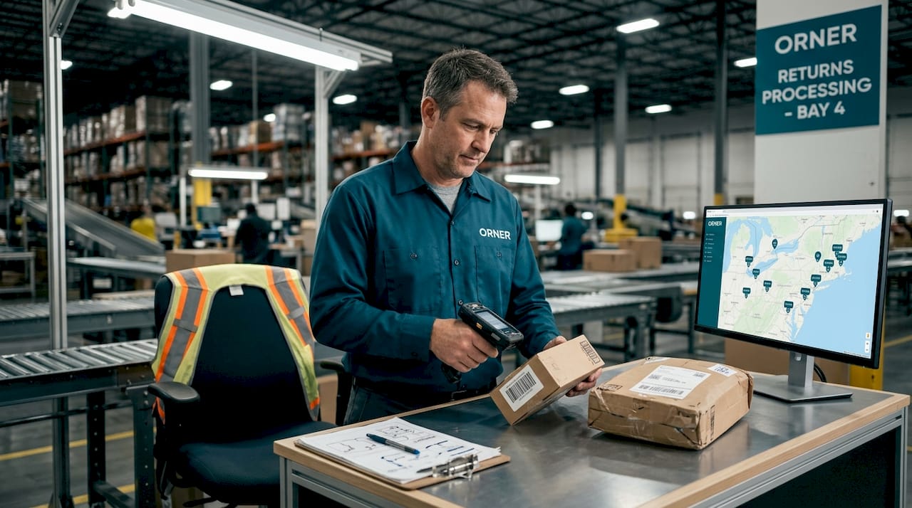 Warehouse worker sorting returned ecommerce parcels