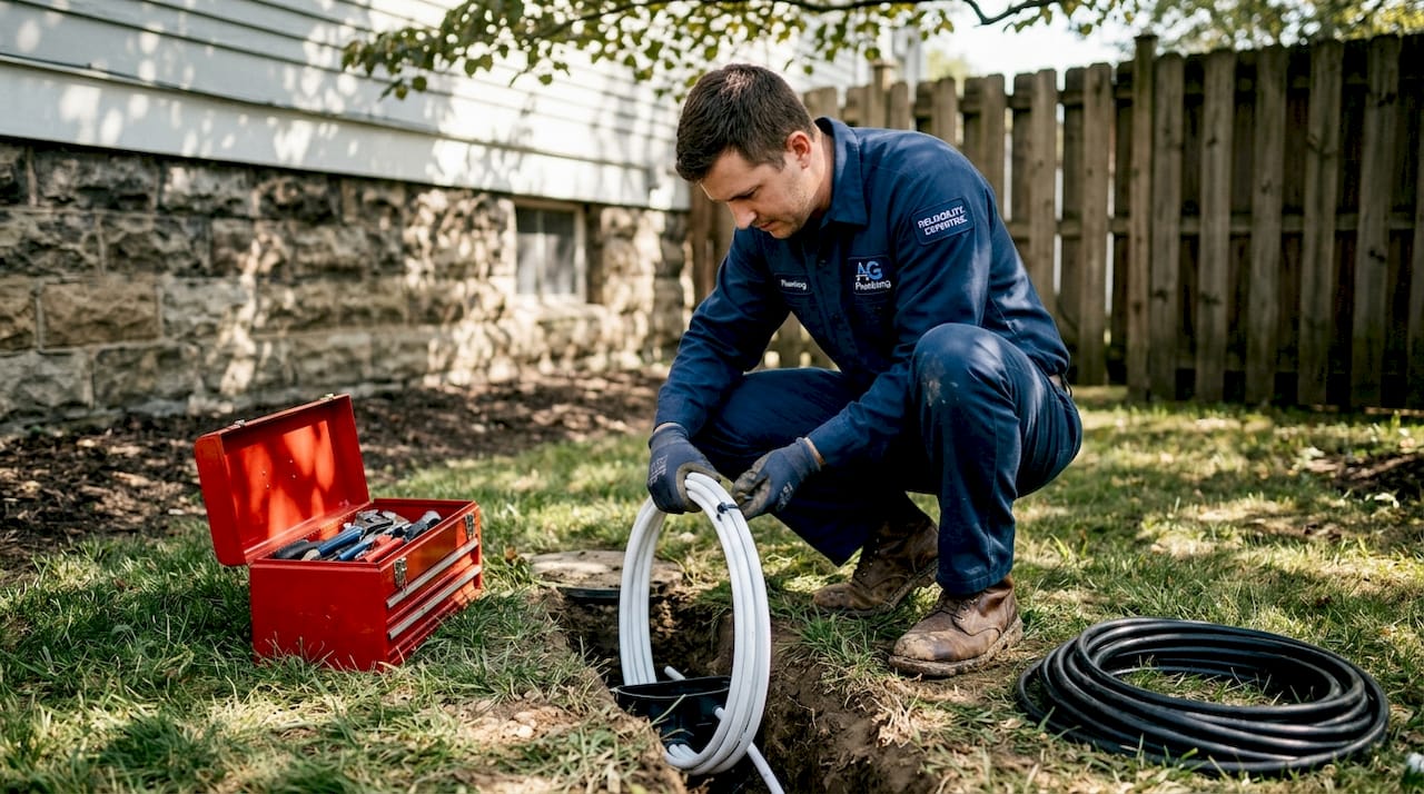Technician installing pipe with trenchless method