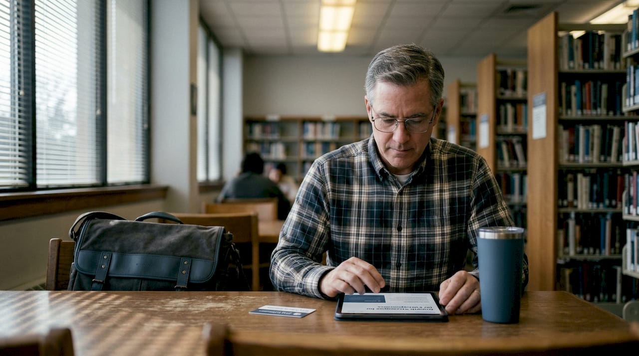 Customer reading privacy policy on tablet in library