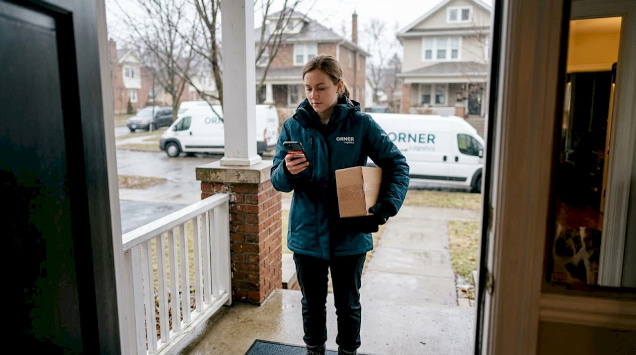 Courier checks phone for real-time delivery updates