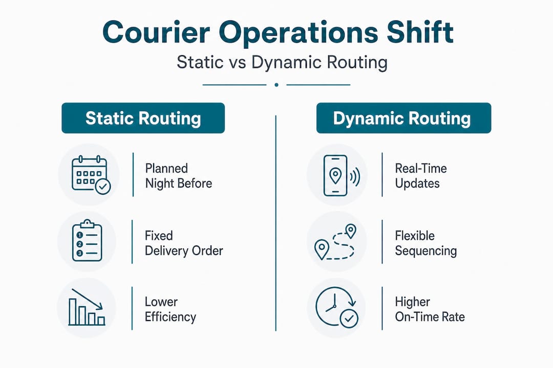 Infographic comparing static versus dynamic courier routing