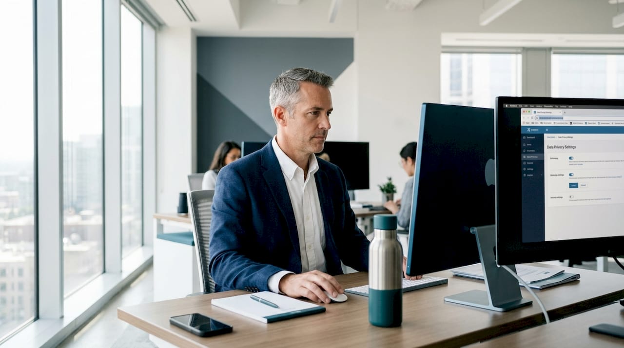 Man managing data privacy compliance at workspace