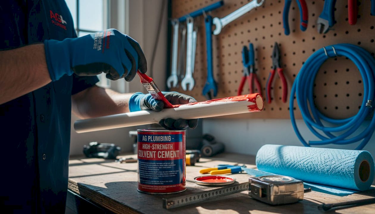 Hands joining PVC pipes with solvent cement