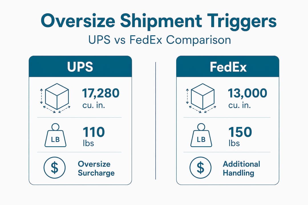 Infographic comparing UPS and FedEx oversized shipment thresholds
