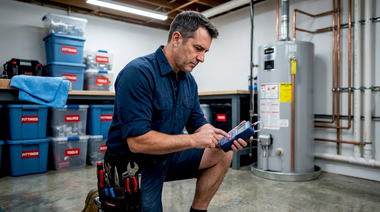 Plumber testing water heater for contamination