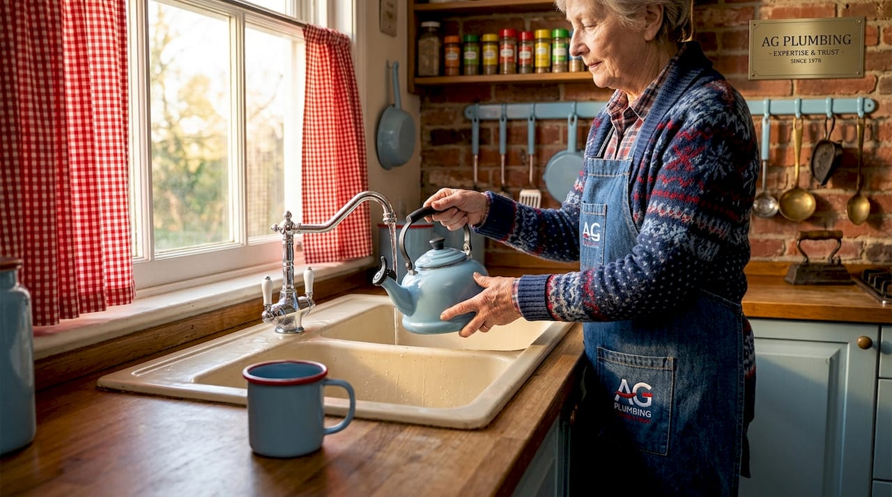 Old kitchen sink and exposed pipes in historic home