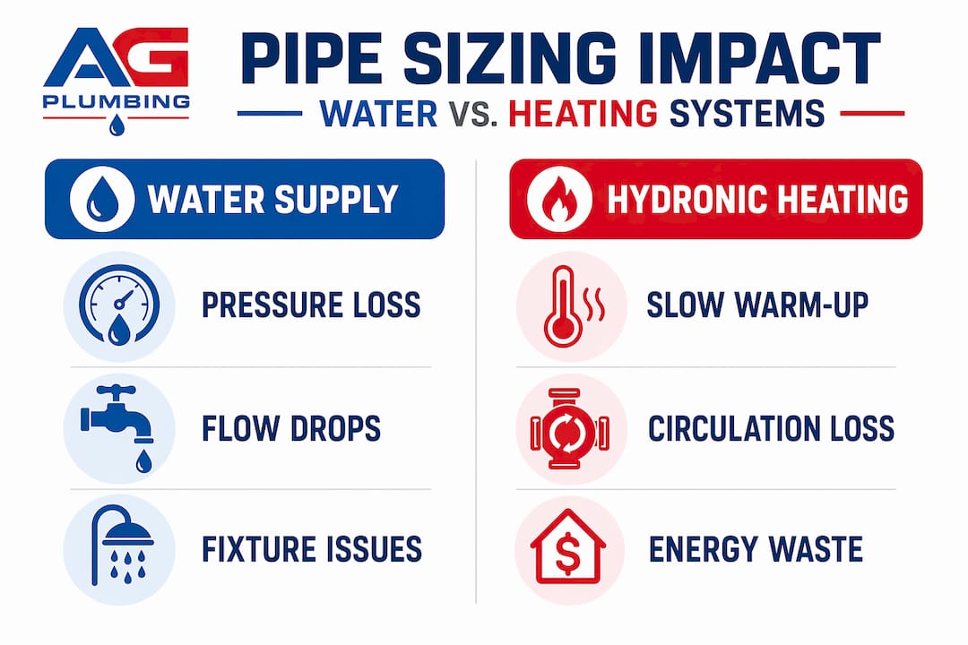 Infographic comparing water and heating pipe sizing impacts