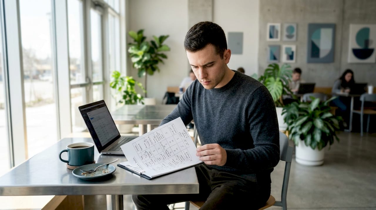 Startup founder studying decision matrix