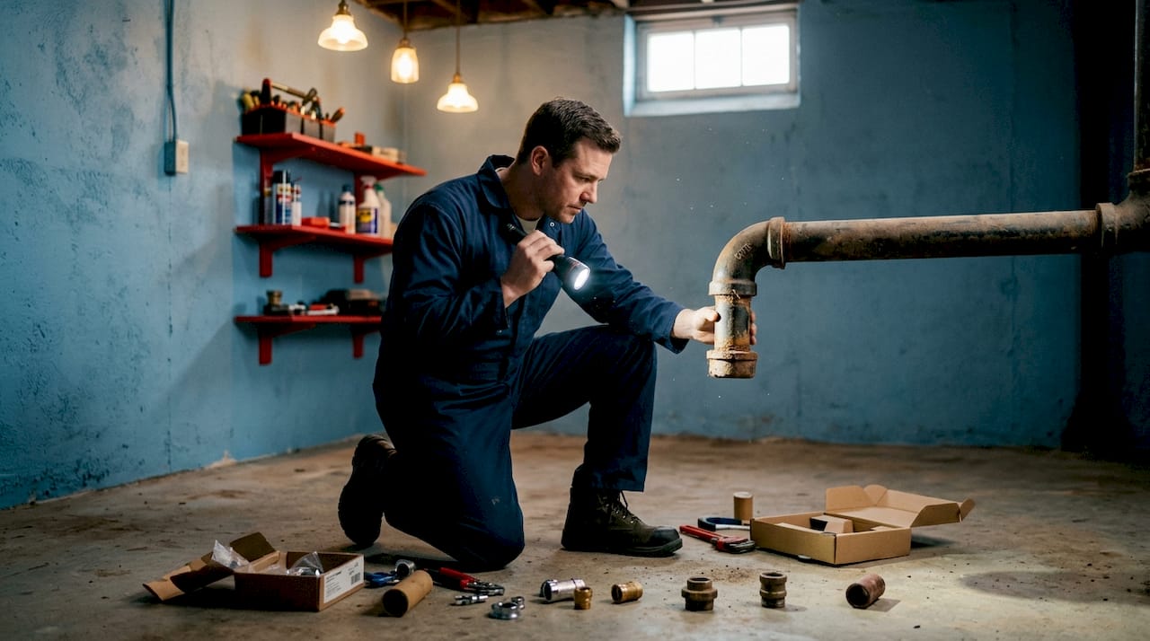 Plumber inspects old pipes in basement