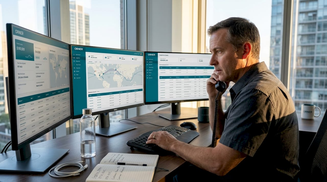 Logistics manager tracking shipments on multiple screens