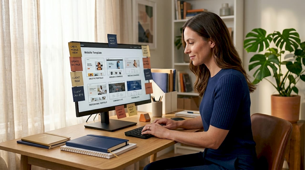 Person reviewing website builder templates on desktop