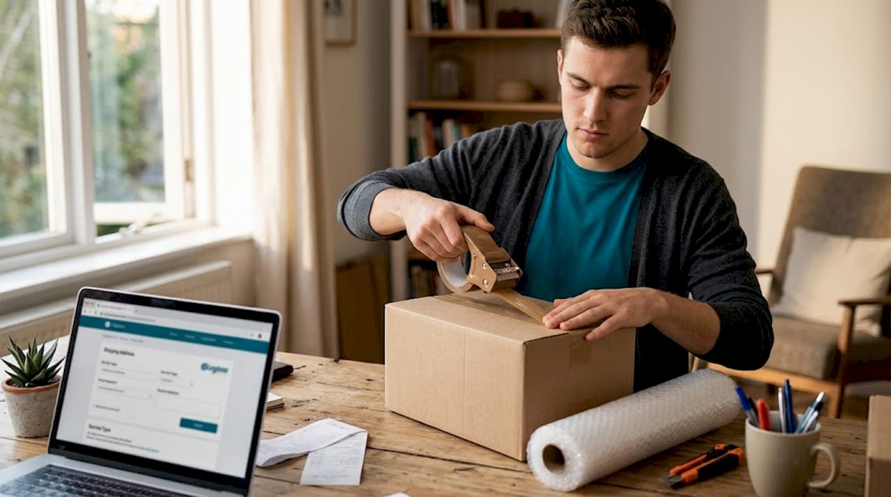 Packing secure shipment at home office desk