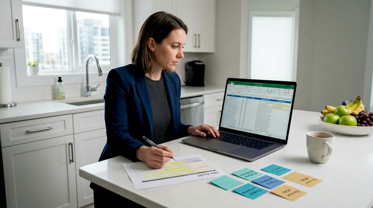 Woman conducts thorough website audit at home