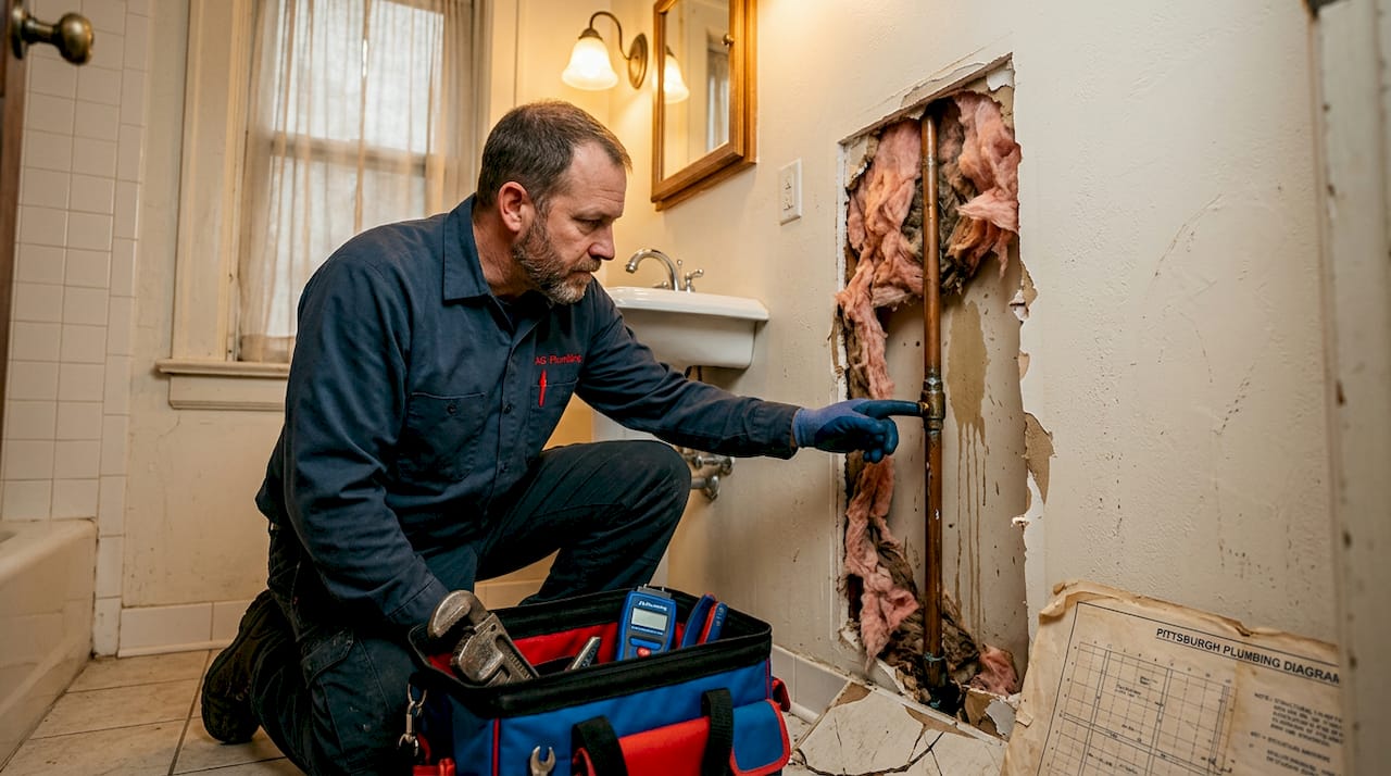 Plumber examines water-damaged pipe behind wall