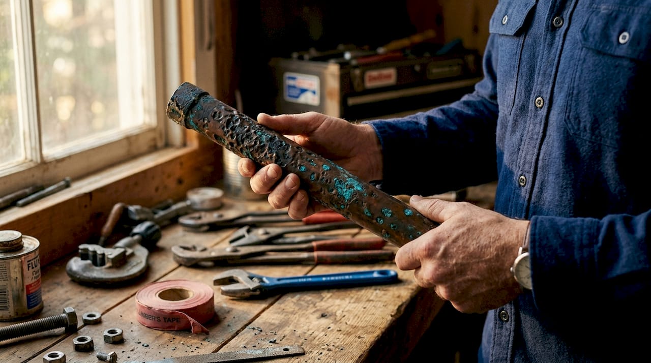 Hands holding pipe with pitting corrosion