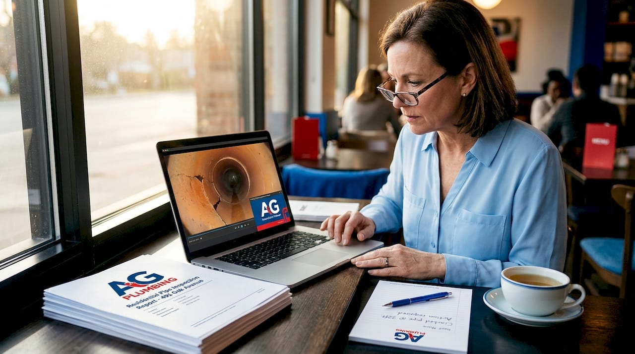 Inspector checking pipe footage at kitchen table