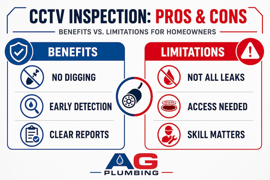 Infographic comparing benefits and limits of CCTV pipe inspection