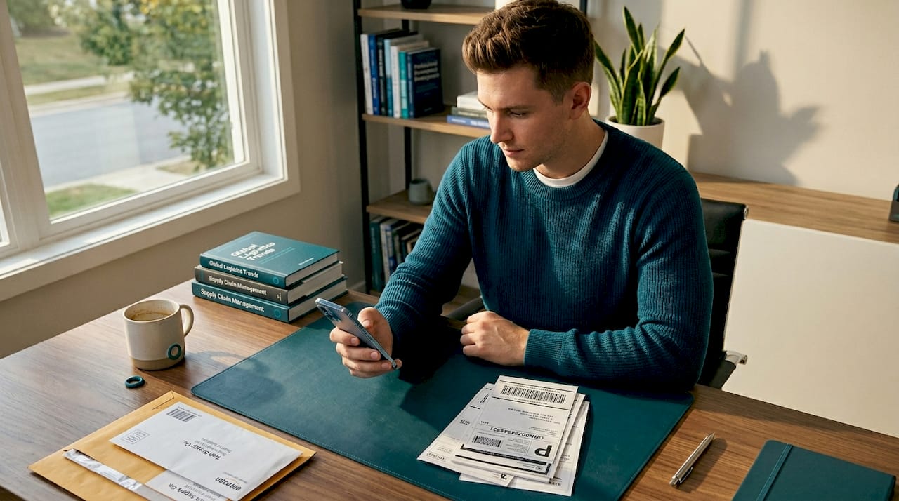 Customer checking parcel tracking update at home