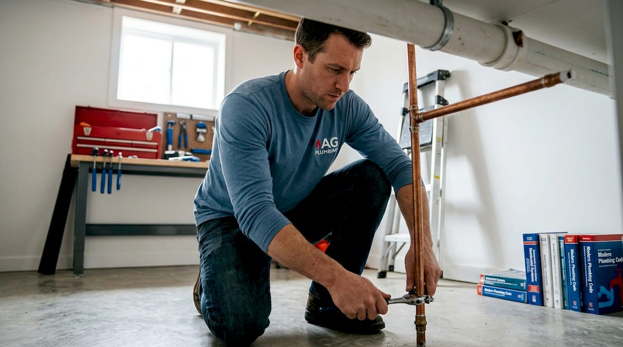 Person securing basement pipes with clamps
