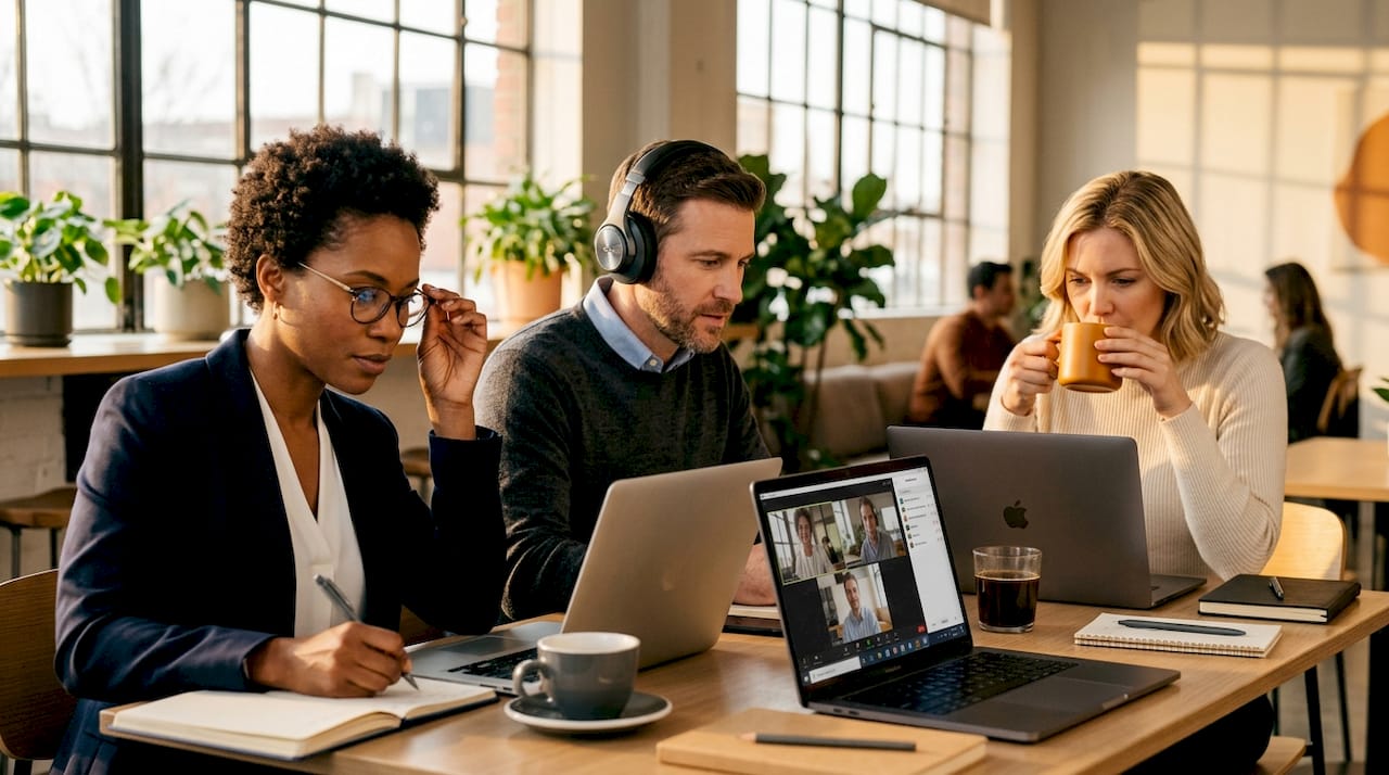 Professionals in group video call workspace