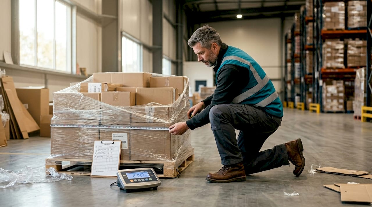 Worker measuring pallet for freight calculation