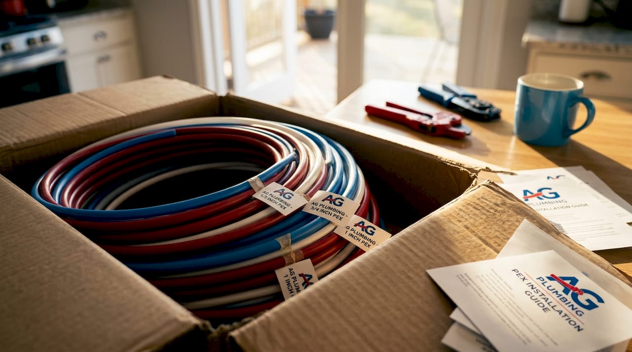 Colored PEX tubes and tools on kitchen floor