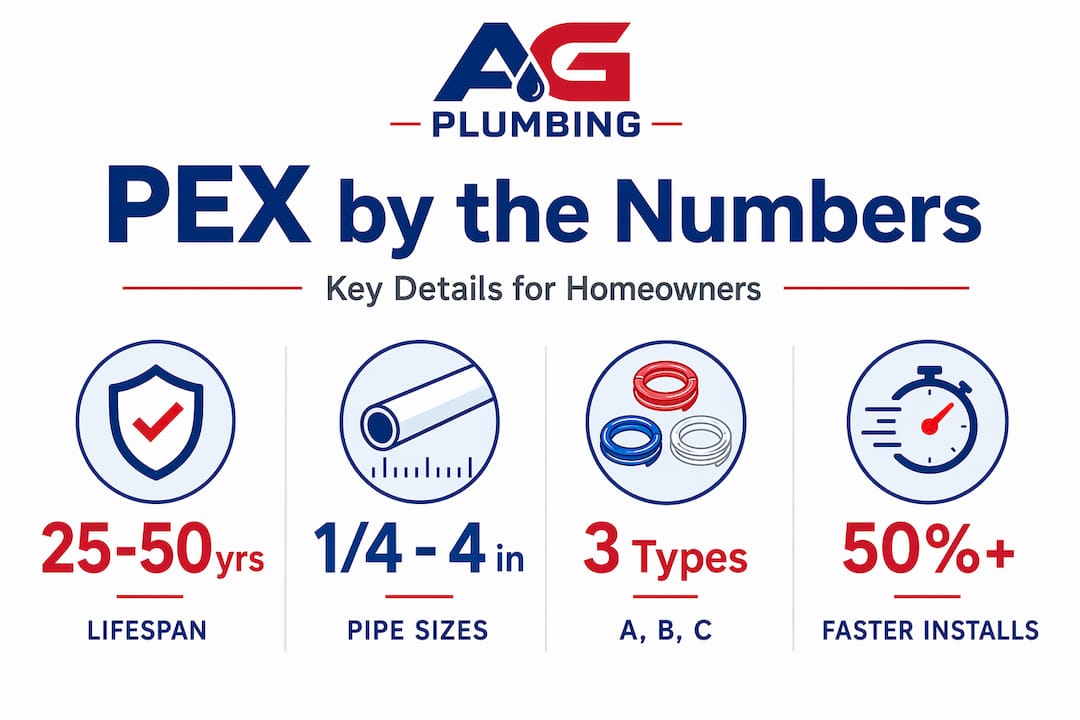 Infographic with PEX lifespan, sizes, types, benefits