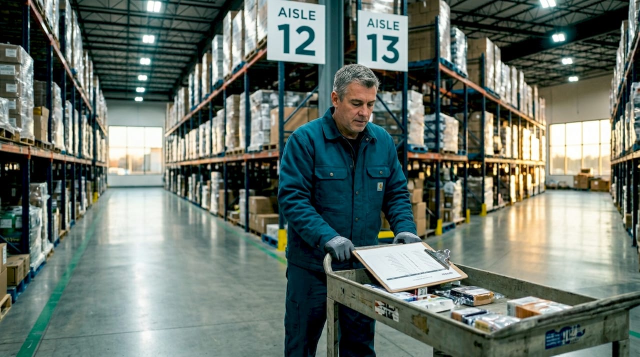 Worker organizing inventory in warehouse aisle