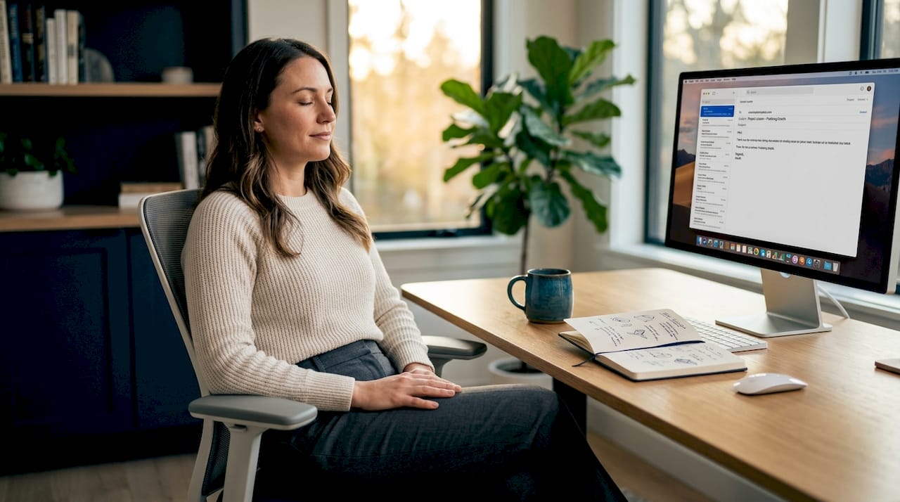 Employee pausing for mindful break at desk