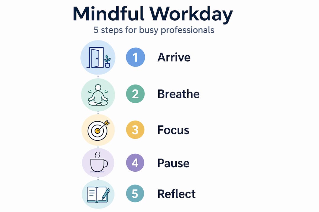 Infographic illustrating 5 mindful steps at work