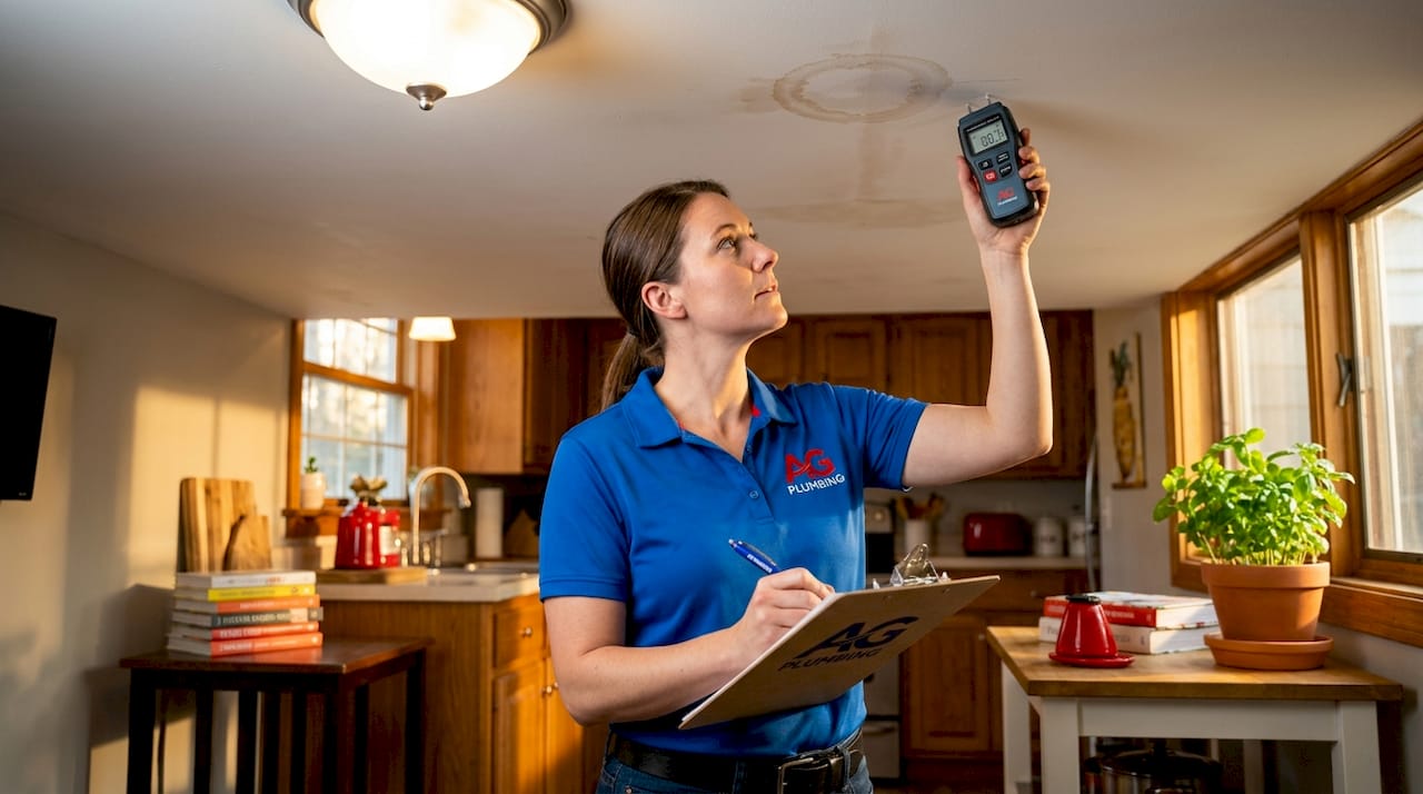 Plumber inspecting ceiling for water damage