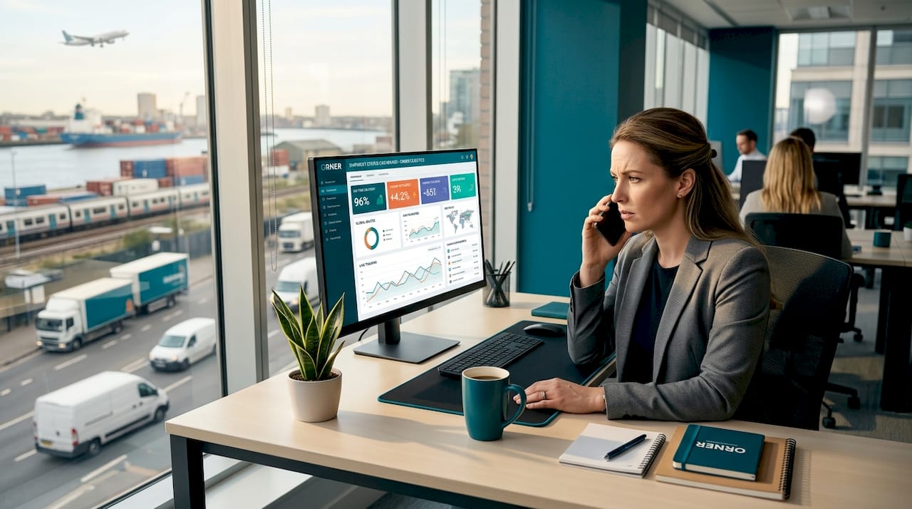 Logistics manager checks delivery status at workstation