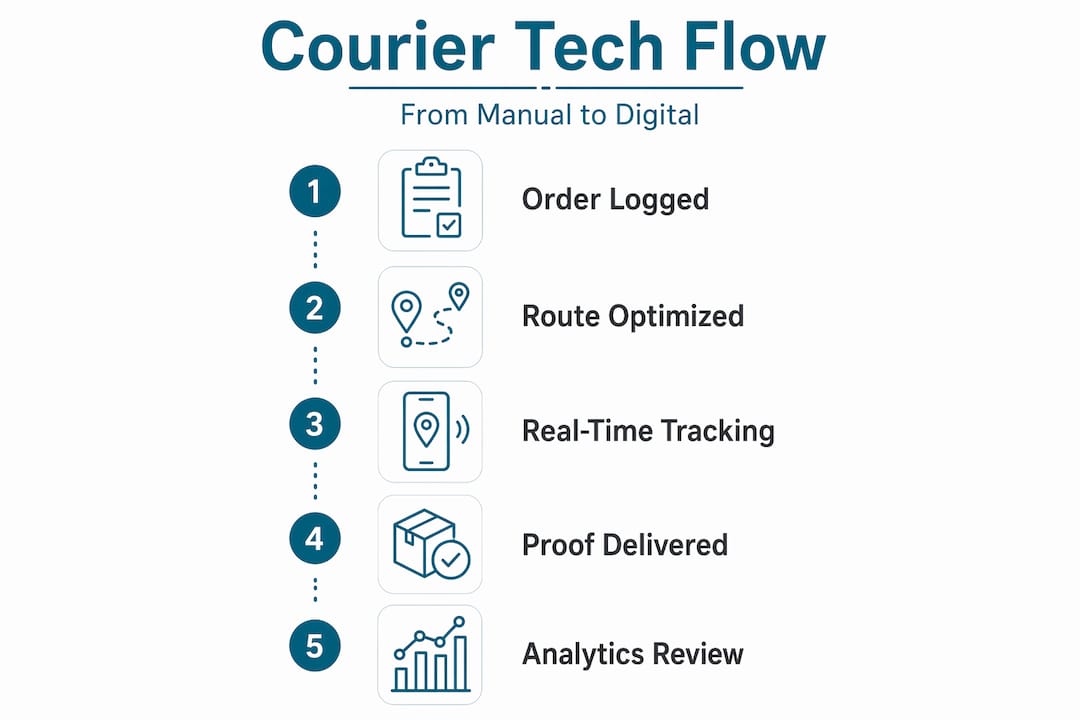 Vertical flow infographic of courier technology steps
