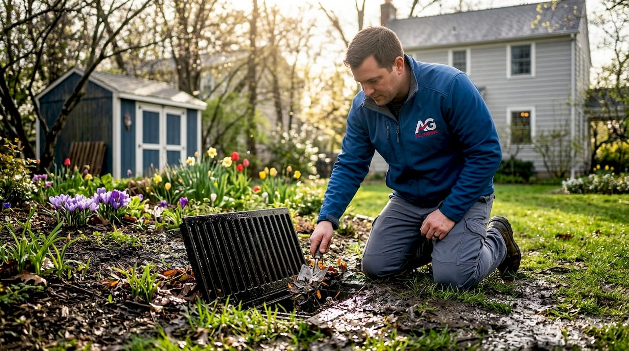 Clearing debris from landscape drain in winter