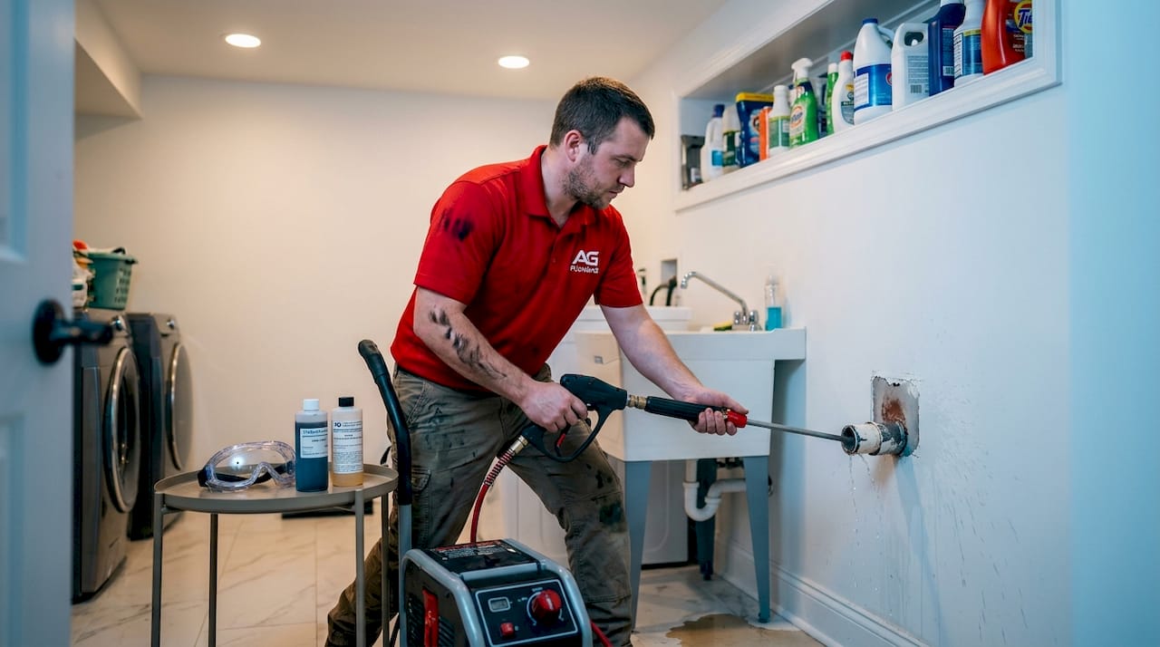 Plumber using hydro jetting to descale pipes