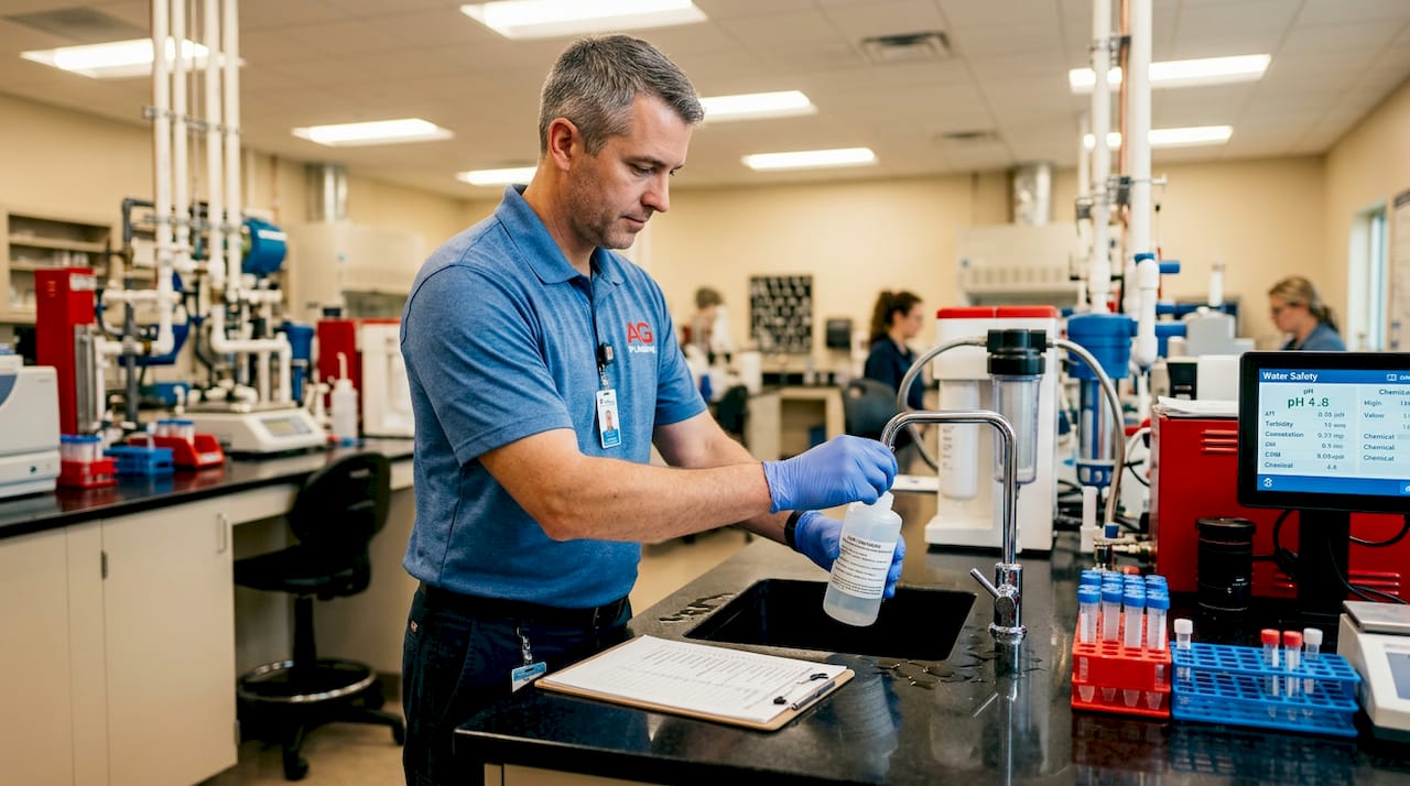Technician collects water sample in laboratory