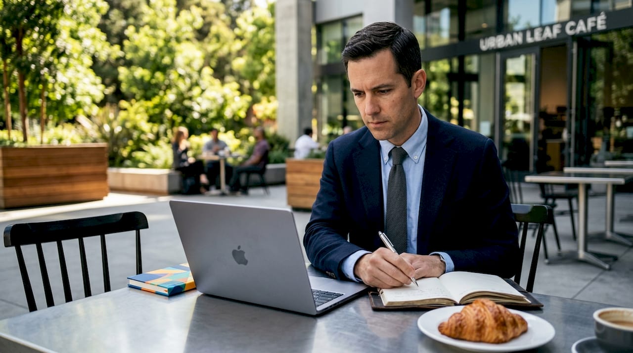VC investor reviewing pitch deck in café