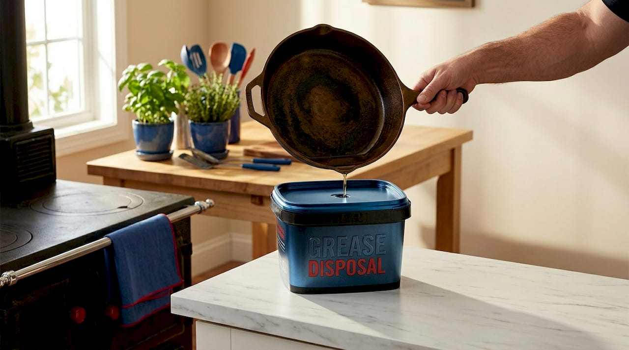 Container for grease disposal near kitchen sink