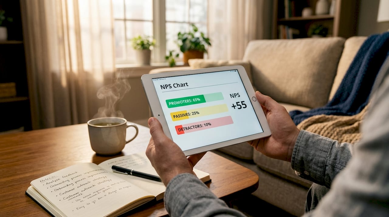 Tablet displaying NPS score chart and printed survey form