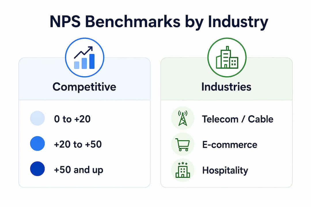 Infographic comparing NPS benchmark ranges and industries