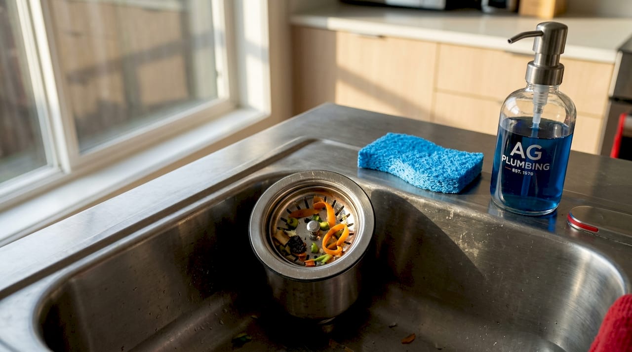 Close-up of kitchen sink strainer with food debris