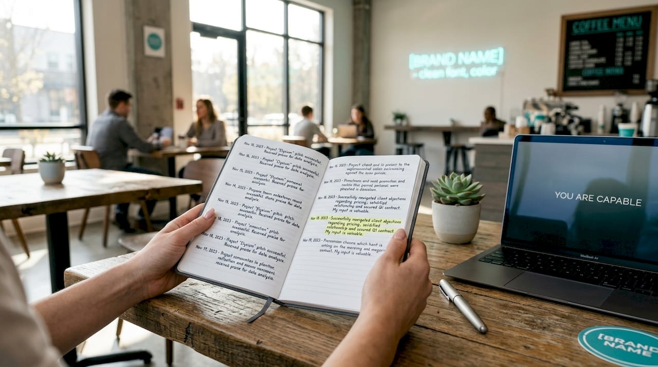 Hands holding evidence journal with notes