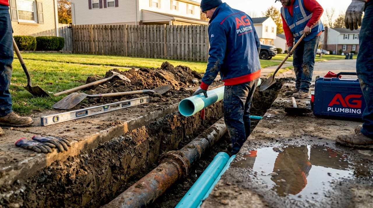 Open trench showing water main pipe replacement