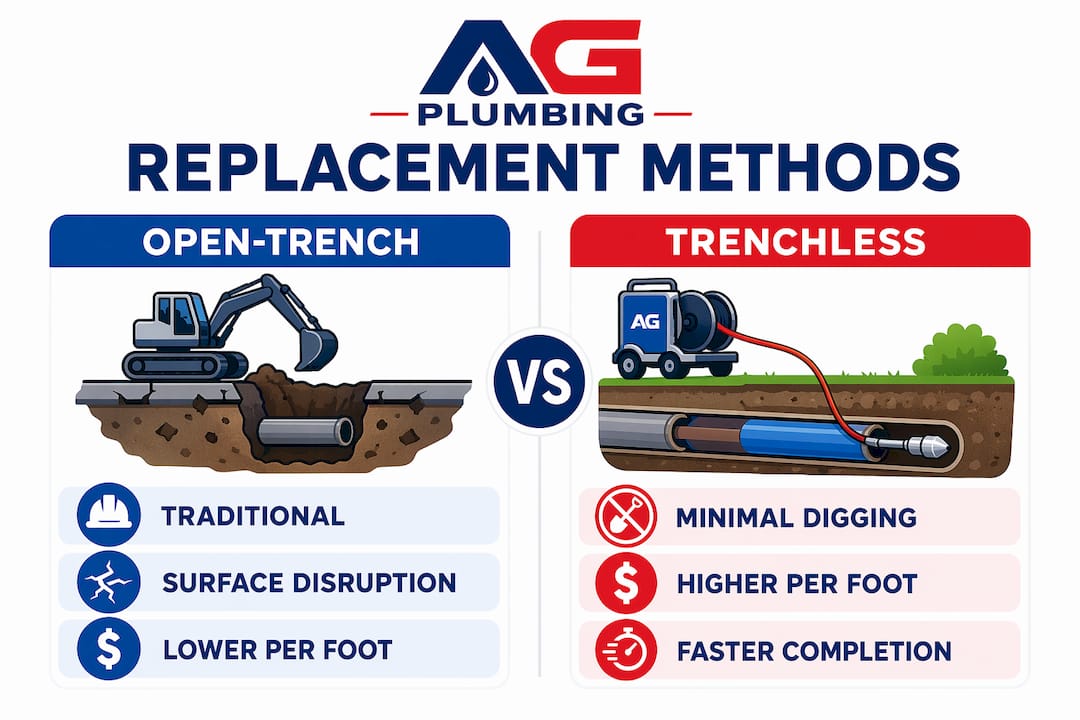 Infographic comparing open-trench and trenchless replacement