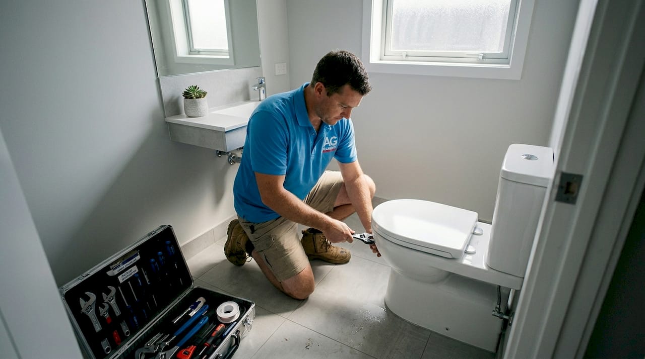 Plumber fitting low-flow toilet in residential bathroom