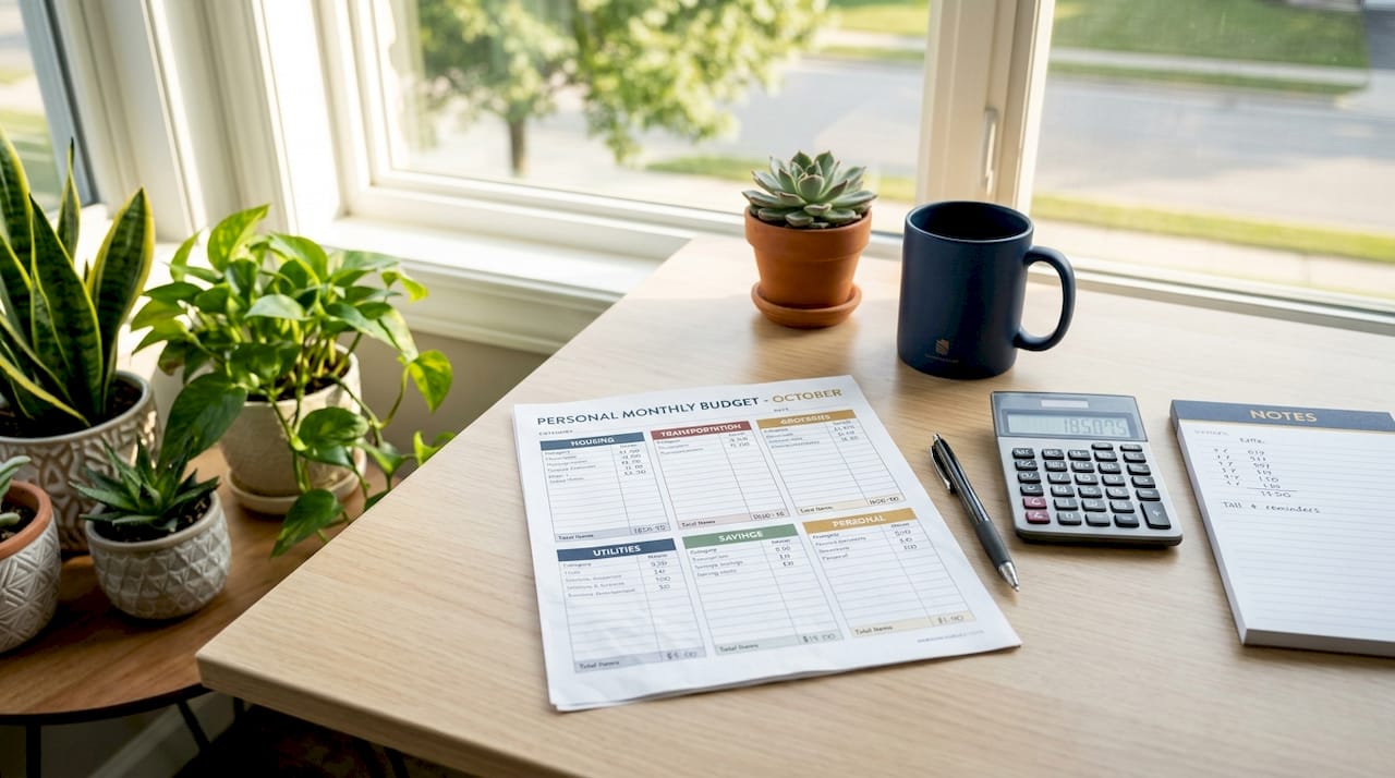 Budget worksheet with calculator and phone